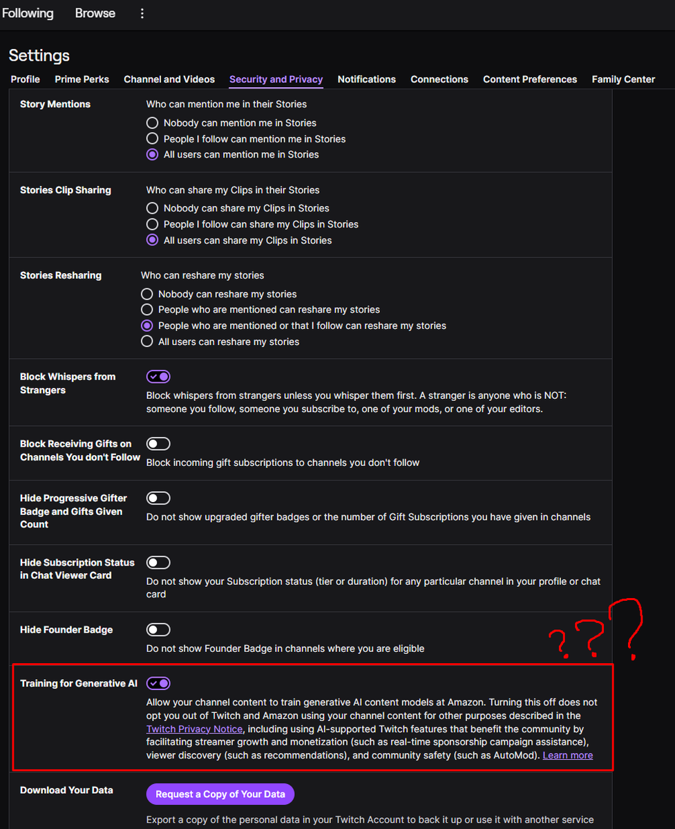 Ronetta_tw's tweet photo. ⚠️TWITCH STREAMERS 🚨🚨
So.. How to say it..
This is turned on by default!! without asking for permission💀
PRETTY INTERESTING Twitch!! Turn this off guys...