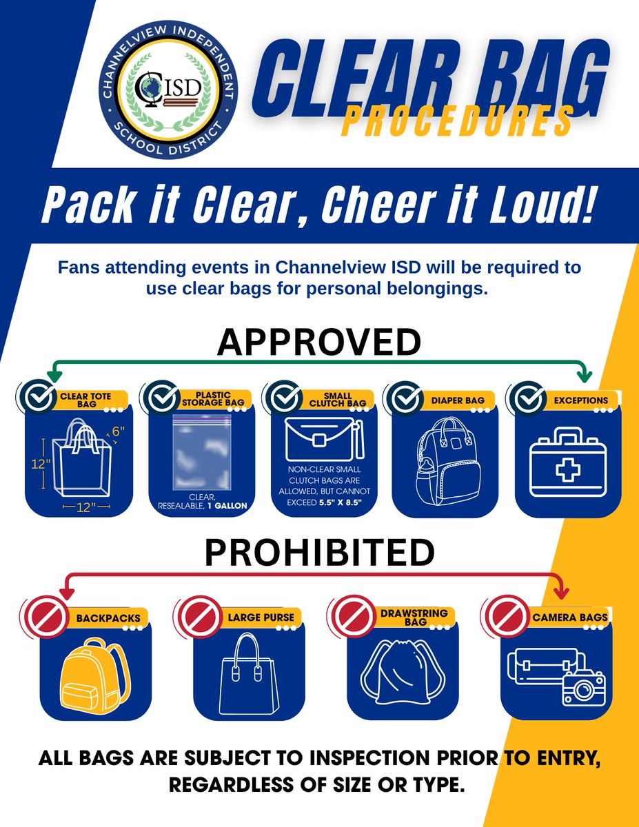 ChannelviewISD's tweet photo. 🏈 Football pre-season starts TODAY! 🏈

🏈 CHS vs. Klein Forest
📍 Ray Maddry Stadium
⏰ 6:15 PM
🚨 Clear Bag Reminder:
🟢 Clear totes, 1-gallon bags, small clutches &amp; diaper bags
🔴 No backpacks, large purses, drawstring or camera bags

Pack it clear, cheer it loud! 🦅🏈💙💛 https://t.co/sjFzkzG531