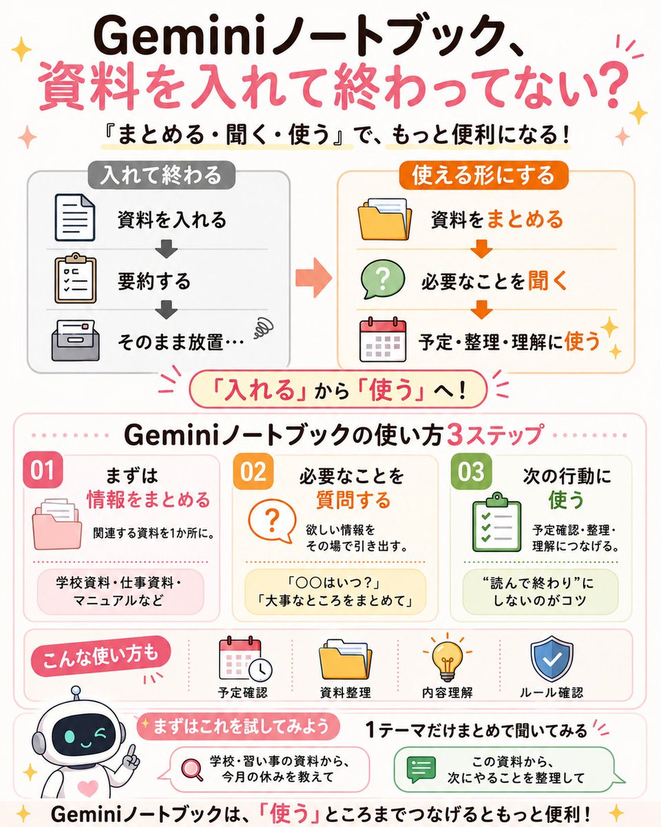 azuchi_kiara's tweet photo. GeminiNotebook
資料を入れて要約して終わり…
はもったいない！

便利なのは
「まとめる → 聞く → 使う」
までつなげた時

学校・習い事・イベントを入れて
「8月をスケジューリングして」と頼めば予定を整理◎

日程のほか、
準備や当日の動きまでまとめてもらえる✨

#GeminiNotebook　#AI活用 https://t.co/QdieFiSEaJ