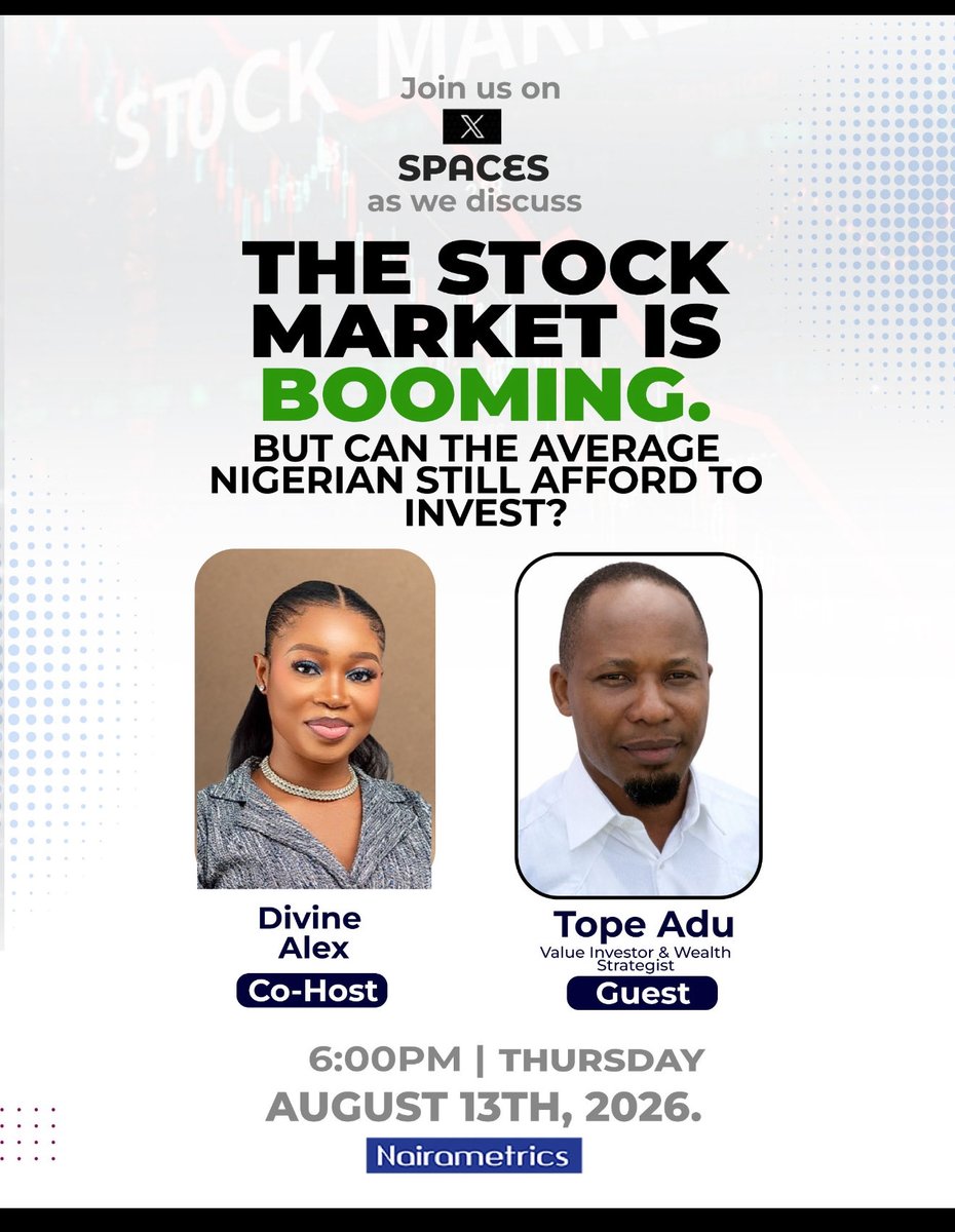 ADUOLUWATOPE's tweet photo. I’ve been away from Twitter for a while, largely due to work and other social commitments. 

Join me on Nairametrics by 6pm today as the key guest, discussing the stock market’s YTD performance and how new investors can take position. 

I’ll be joining from afar, as I’m currently away on an alumni engagement. 😊