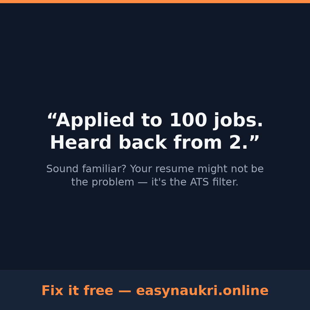 EasyNaukrii's tweet photo. Applied to 100 jobs. Heard back from 2? 😬

Your resume may be getting filtered before a recruiter sees it.

Search smarter. Apply easier.

🚀 https://t.co/FTMu0tF1KL

#EasyNaukri #JobSearch #ATS #JobsIndia https://t.co/irqvDxjniy
