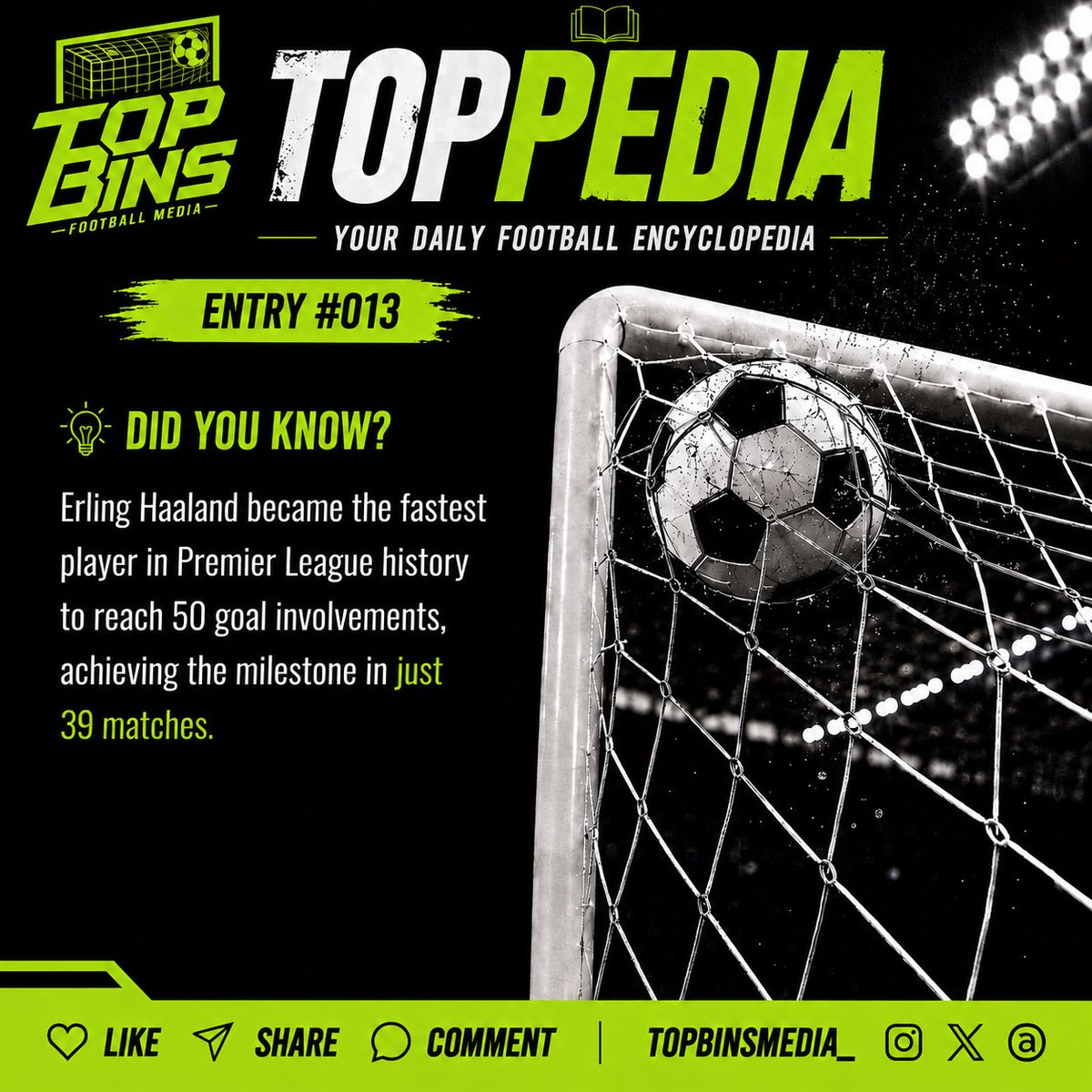 TopBinsMedia_'s tweet photo. 📖 𝐓𝐎𝐏𝐏𝐄𝐃𝐈𝐀 — 𝐄𝐍𝐓𝐑𝐘 #𝟎𝟏𝟑

Erling Haaland became the fastest player in Premier League history to reach 50 goal involvements, doing it in just 39 matches. 🤯 

#TOPPEDIA #TopBinsMedia #FootballFacts #ErlingHaaland https://t.co/k3meU36Yiv