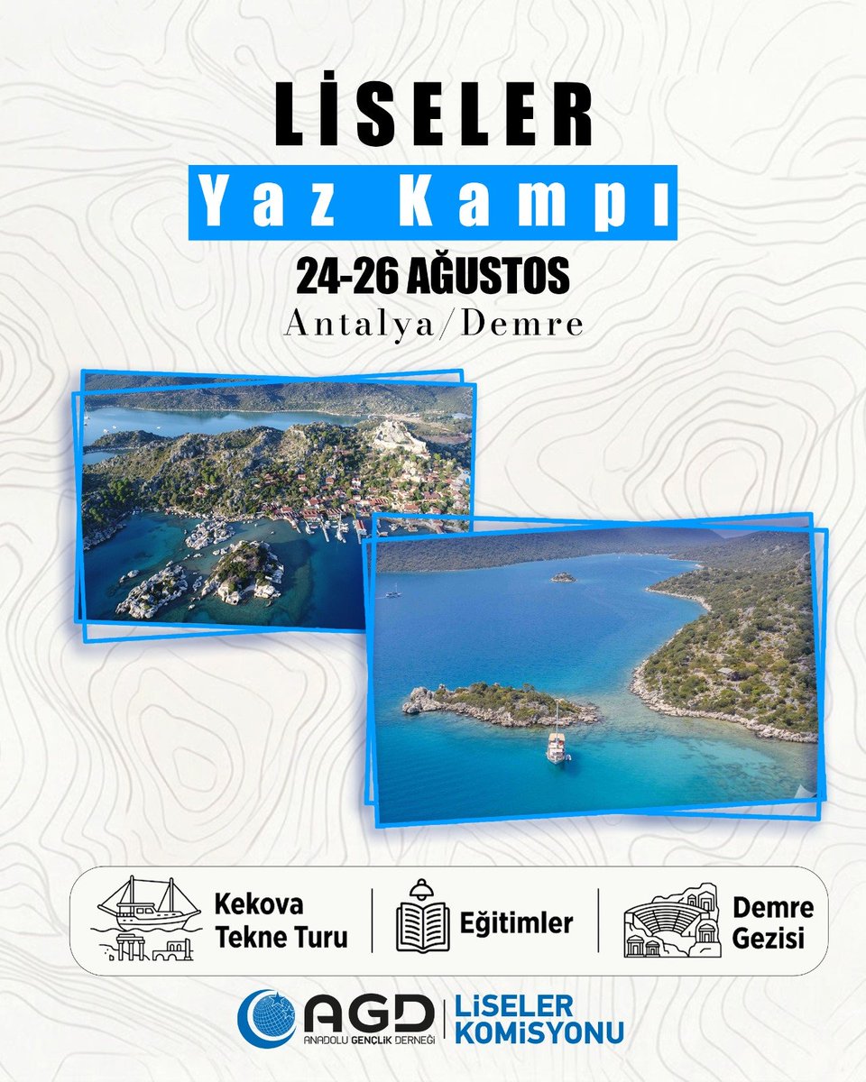 agdankliseler's tweet photo. AGD Ankara Liseler Yaz Kampında! 🏊🏼‍♂️🏖️🌞

24-26 Ağustos tarihlerinde Antalya/Demre'de Yaz kampında buluşuyoruz. Yüzme, eğlence, eğitim ve gezilerle dolu kampımıza bütün liseli kardeşlerimizi bekliyoruz. 

Detay ve Başvuru linki:
https://t.co/GTTB0fcpFT
#antalya https://t.co/VuezfSoeBu