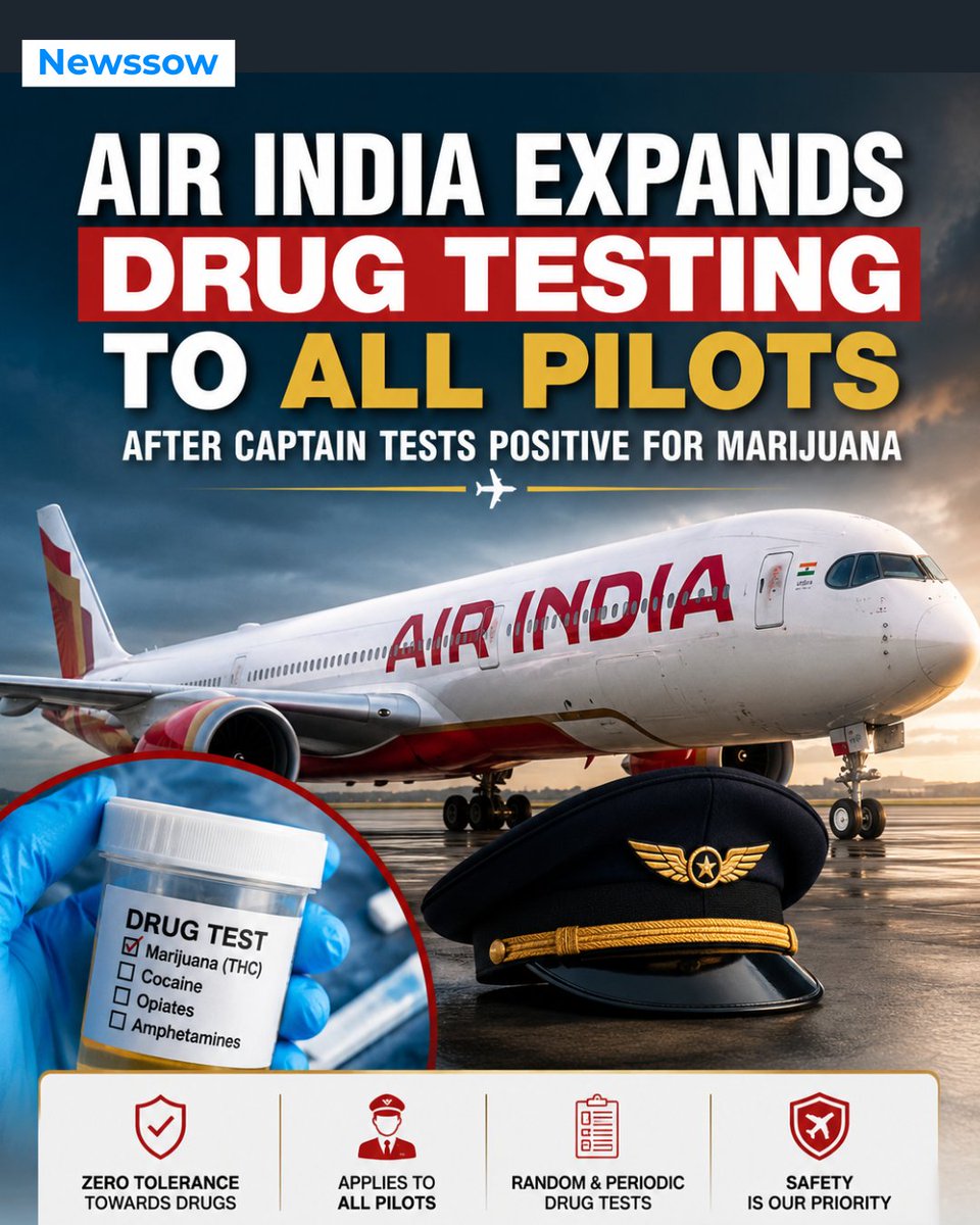 TheNewssow's tweet photo. Air India tightens the rules. ✈️

After a captain tested positive for marijuana, drug testing is expanding to ALL pilots. Is this a necessary step for safer skies? 👇

#AirIndia #Aviation #FlightSafety #India #Newssow https://t.co/3nDad1igFW
