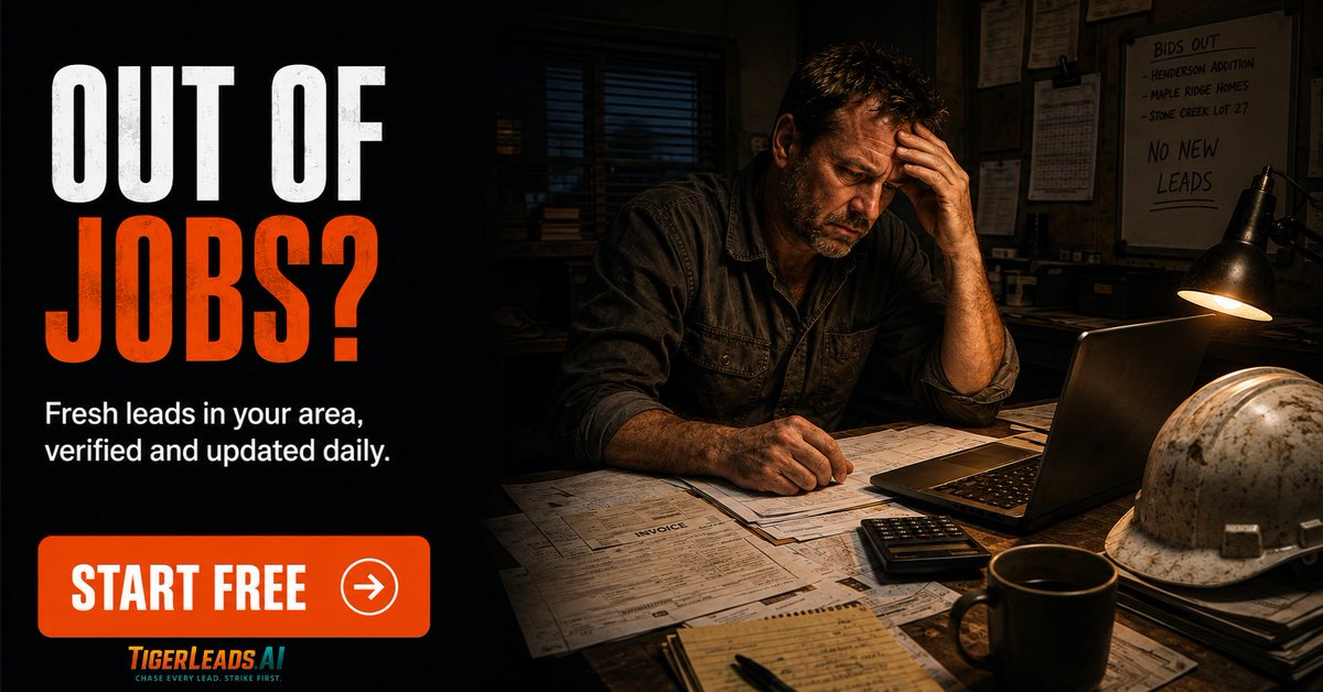 tigerleadsai's tweet photo. Out of jobs? The work's still out there — you just need to see it.

TigerLeads puts fresh, verified leads in your area on your dashboard, updated daily.

Start free, no card: https://t.co/WJvzxd4I4I

#ContractorLeads #Construction https://t.co/cVEN1t0i12