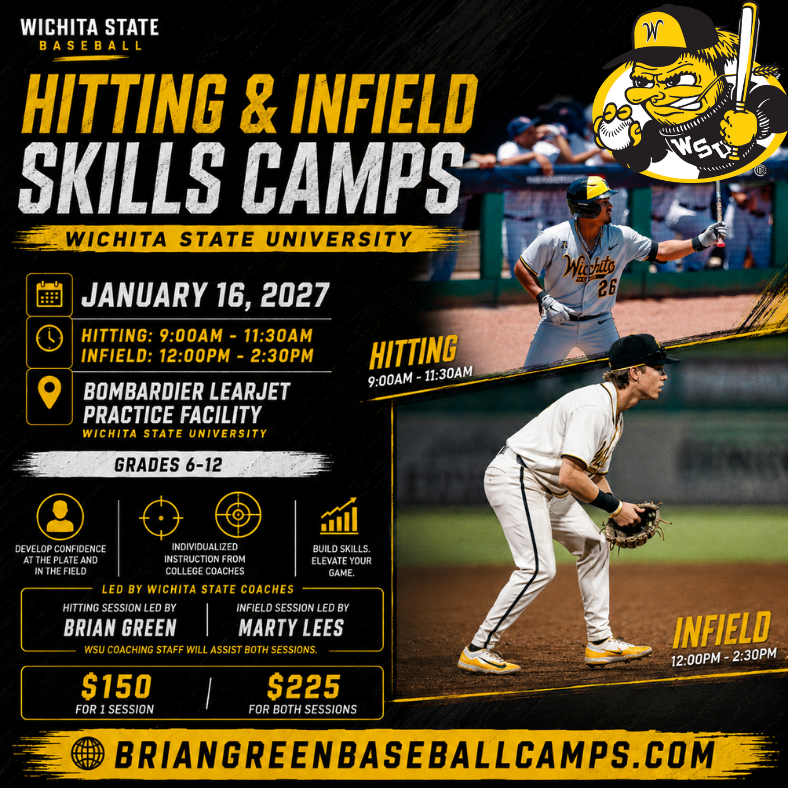 BrianGreenCamps's tweet photo. ⚾️SHOCKER BASEBALL WINTER CAMP LINEUP⚾️

Looking for an opportunity to develop your game this winter? Wichita State Baseball has 3 camps coming up for players of all skill levels! Come train with the @GoShockersBSB staff, develop your skills, and get ready for the upcoming season https://t.co/JChKxSZ2Hp