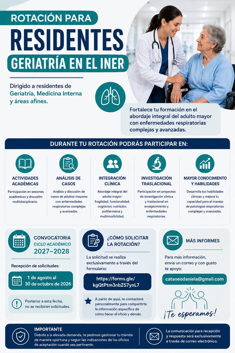 DanielaCataneo's tweet photo. 🫁👩‍⚕️ ¡Rotación en Geriatría en el INER 2027–2028!

📅 Solicitudes: 1 de agosto al 30 de octubre de 2026

¡Ayúdanos a compartir para que llegue a residentes interesados! 💙 https://t.co/RIJXTXWUXU