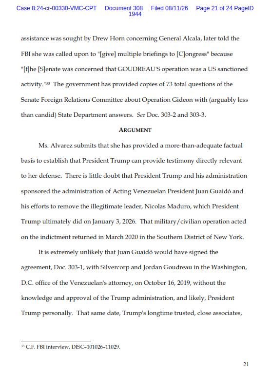 APjoshgoodman's tweet photo. Co-defendant for Jordan Goudreau seeks to depose Trump in criminal case over 2019 Venezuela raid.

In a longshot motion to subpoena Trump, Alvarez argues @POTUS can bolster her defense that the White House secretly OK'd the harebrained raid — or that she honestly believed it had. https://t.co/vHM2BqvK91