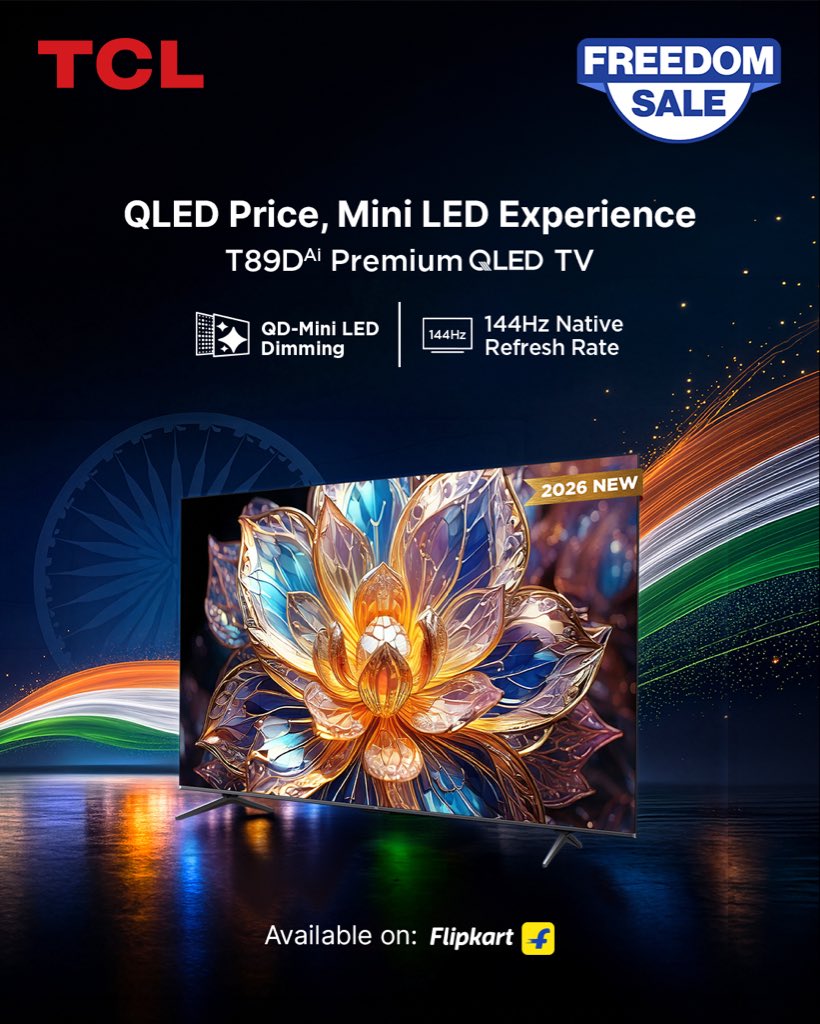 tcl_india's tweet photo. Experience premium picture quality like never before! ✨📺

Introducing the TCL T89D AI Premium QLED TV, powered by QD-Mini LED Dimming and a 144Hz Native Refresh Rate for stunning visuals, deeper contrast and an immersive viewing experience. 🔥

Make your entertainment bigger, brighter and better this Freedom Sale! 

🛒 Available on Flipkart

#TCL #TCLIndia #T89D #PremiumQLED #MiniLED