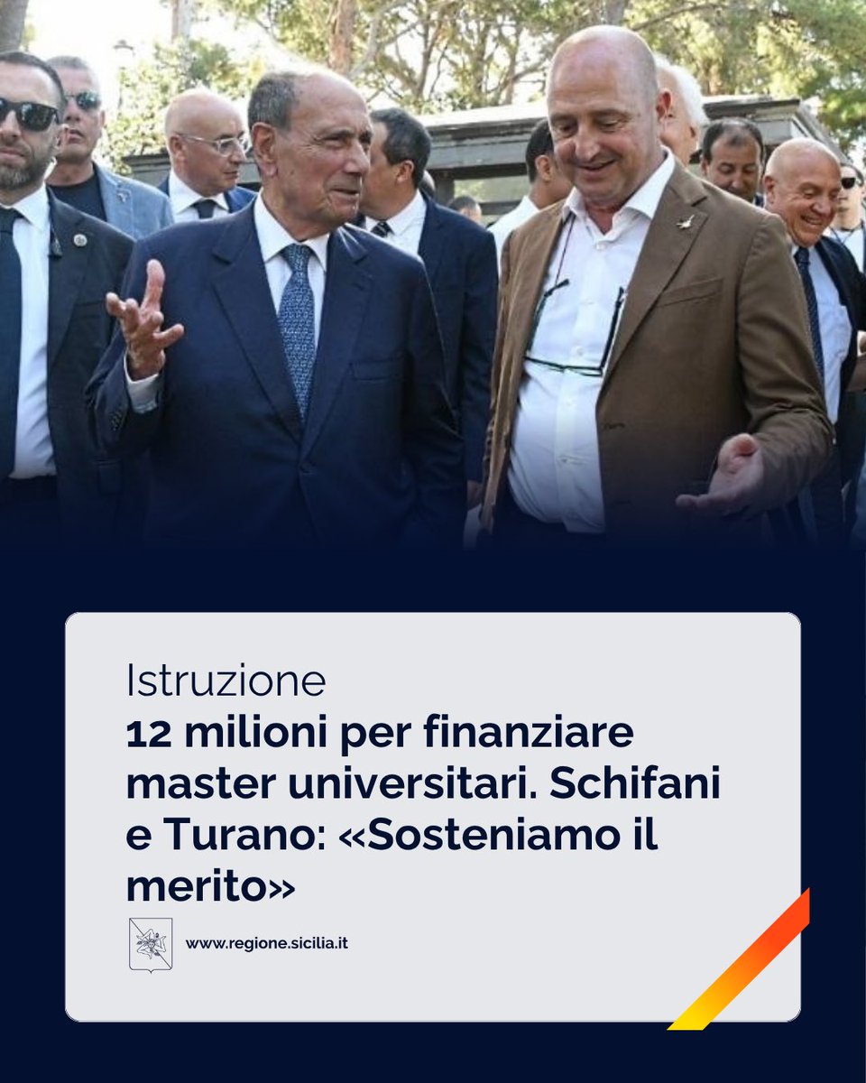 Regione_Sicilia's tweet photo. 📜 La #RegioneSiciliana introduce i voucher per i #laureati che frequentano o intendono frequentare un #master universitario di primo o secondo livello e li finanzia complessivamente con 12 milioni di euro del Pr #Sicilia - FSE 2021-2027.

Leggi 🔗 https://t.co/verI5sW3eS https://t.co/qVQ4pgFSTz
