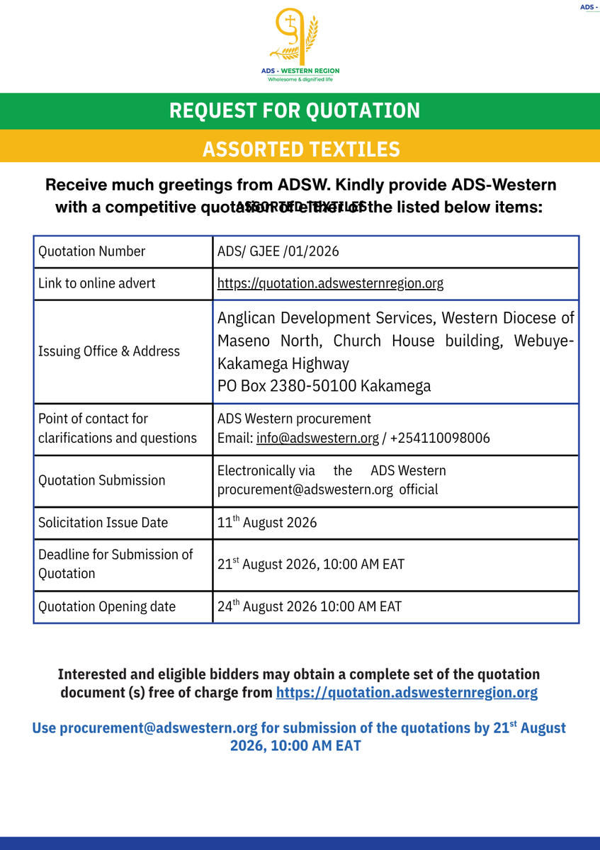 ADSWesternR's tweet photo. CALL FOR QUOTATION
ASSORTED TEXTILES
Kindly provide ADS-Western with a competitive quotation of either of the items listed below:
https://t.co/DKoK4nwffx

Point of contact for clarifications and questions  :  Email: info@adswestern.org
#ADSWestern https://t.co/HQ8BRJuBT8