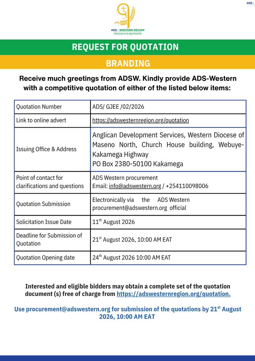ADSWesternR's tweet photo. CALL FOR QUOTATION
IEC MATERIALS
Kindly provide ADS-Western with a competitive quotation of either of the items listed below:  
https://t.co/DKoK4nwffx

Point of contact for clarifications and questions  :  Email: info@adswestern.org   
#ADSWestern https://t.co/Y8Et6rLqyc