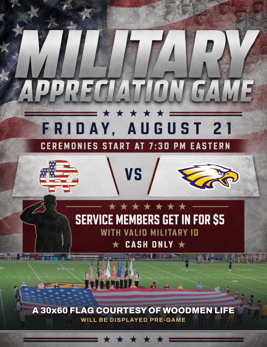 RCAthletics_57's tweet photo. MILITARY APPRECIATION NIGHT Warriors vs. Booker T. Washington — home opener, Fri Aug 21! Pregame 7:30 ET, kickoff 8 PM. Service members get in for $5 cash w/ valid Military ID. 30x60' flag display courtesy of WoodmenLife. #WarriorNation" https://t.co/aVOHWSWMVf
