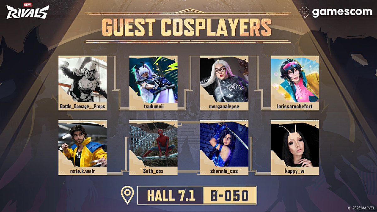 MarvelRivals's tweet photo. GAMESCOM 2026 IS HERE, RIVALS! 🎮 

Join us at Hall 7.1, Stand B-050 from Aug 26-30 for exclusive giveaways &amp; epic guest cosplayers! Don't miss our Streamers Meet-Up on Aug 28, 3 PM-5 PM CEST to hang out with your favorite creators!  

Gear up, drop by, and celebrate with us! https://t.co/q7cqvGTpiq
