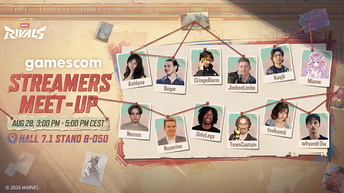 MarvelRivals's tweet photo. GAMESCOM 2026 IS HERE, RIVALS! 🎮 

Join us at Hall 7.1, Stand B-050 from Aug 26-30 for exclusive giveaways &amp; epic guest cosplayers! Don't miss our Streamers Meet-Up on Aug 28, 3 PM-5 PM CEST to hang out with your favorite creators!  

Gear up, drop by, and celebrate with us! https://t.co/q7cqvGTpiq