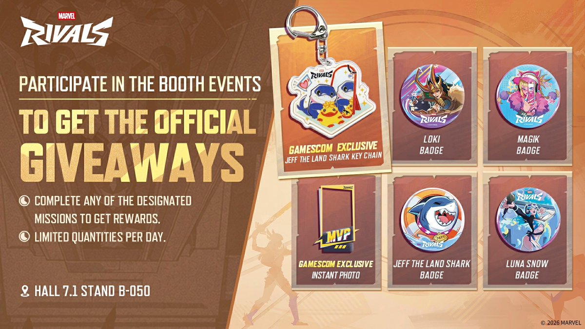 MarvelRivals's tweet photo. GAMESCOM 2026 IS HERE, RIVALS! 🎮 

Join us at Hall 7.1, Stand B-050 from Aug 26-30 for exclusive giveaways &amp; epic guest cosplayers! Don't miss our Streamers Meet-Up on Aug 28, 3 PM-5 PM CEST to hang out with your favorite creators!  

Gear up, drop by, and celebrate with us! https://t.co/q7cqvGTpiq