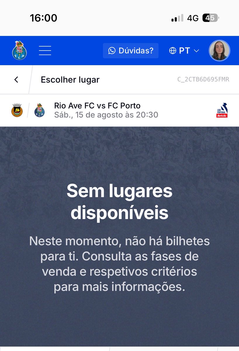 yslvdc's tweet photo. entrei no site as 16h e os 5% dos bilhetes disponíveis para qualquer sócio já estavam esgotados, boa @fcporto https://t.co/hz6qXiIti3