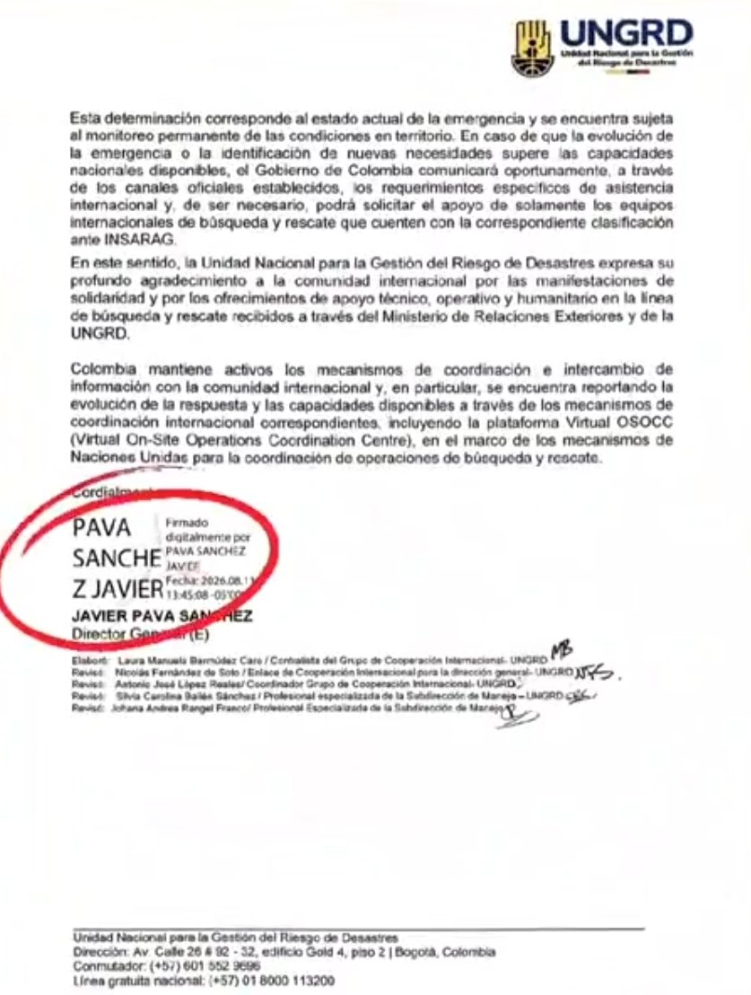 elkin_isaza's tweet photo. Véan las pruebas de las trampas del petrismo.

Javier Pava , funcionario nombrado por Petro en la UNGRD para reemplazar a Carrilo, y ejerciendo como director yá en la presidencia de Abelardo y sin consultarle al presidente , fué quien se negó a recibir el apoyo y ayuda  internacional por el terremoto del lunes , como consta en la siguiente carta.