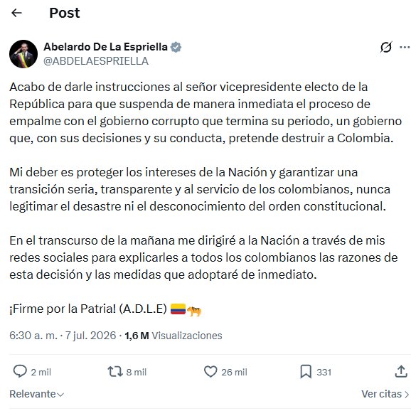 JJuanitamayorga's tweet photo. Buen intento Julio. La presidencia publicó ese trino a las 8:44 de la mañana, pero en respuesta a un trino de Abelardo de las 6:30. Fue Abelardo el que suspendió el proceso de empalme. Tampoco insultes la memoria y la inteligencia de la gente. https://t.co/iQiiz5s5GS