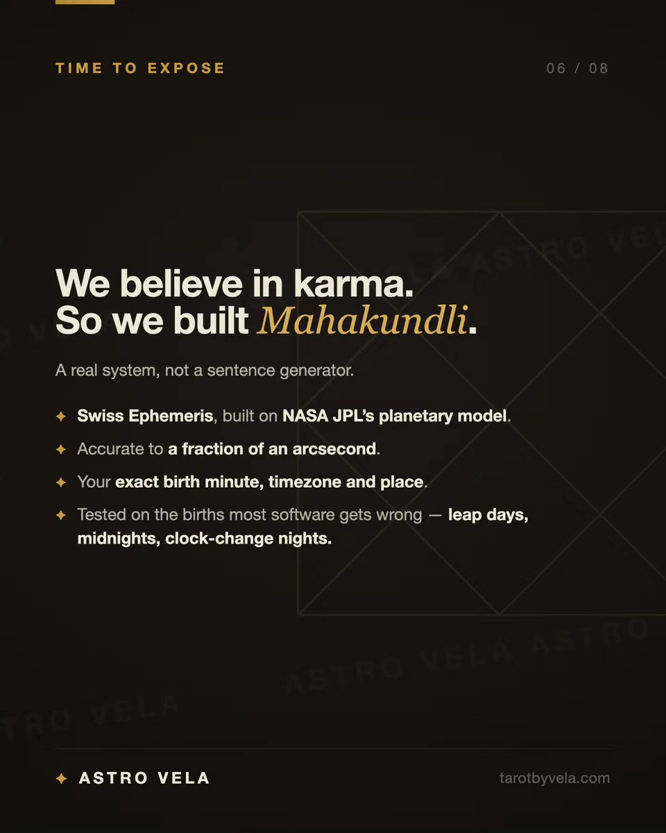 astrovela18's tweet photo. That gap is why we built MahaKundli.

17 life chapters. Exact birth minute, place and timezone. Dasha + transit windows. Chart factors beside every conclusion. One PDF you keep.

Not another daily quote. A period-by-period map for reflection.

https://t.co/go1rn5Z0ms https://t.co/sPfwGHuy35