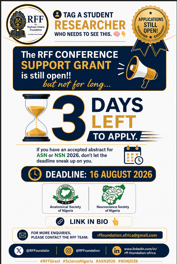 RFFoundatin's tweet photo. 🚨 3 DAYS TO GO!
The RFF Conference Support Grant is still OPEN! 
Accepted abstract for ASN or NSN 2026 is all you need to get started
⏳ Deadline: 16 August 2026
Don’t wait until the last minute. 
Apply now and share with a student researcher who needs to see this!
🔗Link in bio https://t.co/Gkcaz9OC2l
