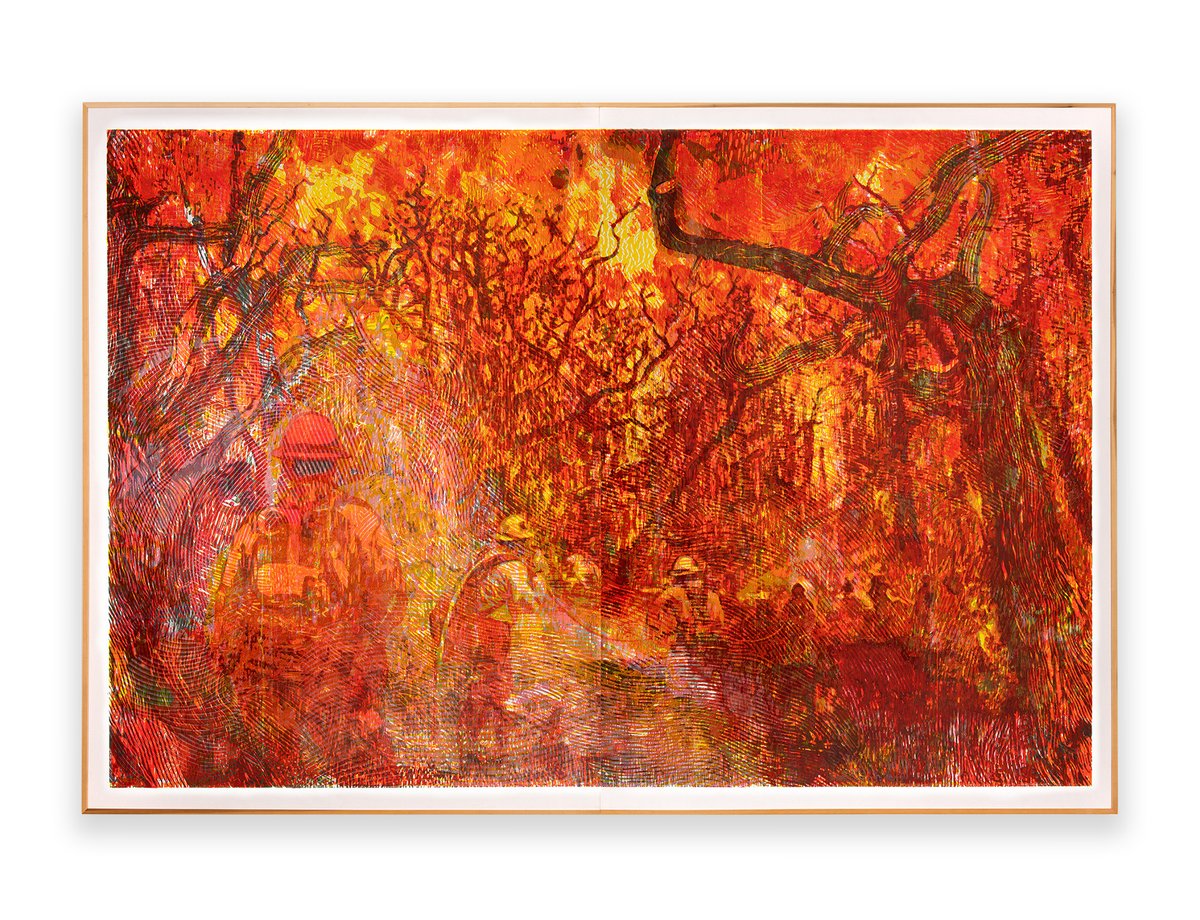 PetzelGallery's tweet photo. Monumental woodcuts by the collaborative duo Zorawar Sidhu and Rob Swainston are among more than 100 works which will be on view in “The Mirror that Nature Holds” at the Jordan Schnitzer Museum of Art at Washington State University, featuring works from the Collections of Jordan D. Schnitzer and his family foundation. The exhibition will explore the fragile balance between the natural world and human intervention. 

Sidhu & Swainston’s practice draws on the rich history of printmaking while confronting the realities of the Anthropocene. Rather than presenting nature as untouched or idyllic, the artists reveal it as a space of entanglement, where climate anxiety, ecological disruption, and coexistence become inseparable. Their works echo the exhibition's exploration of awe and precarity, reminding us that the landscapes we inhabit are shaped as much by human action as by the forces of nature itself.  

“The Mirror that Nature Holds” opens August 25, 2026, and remains on view through December 12, 2026. 

Artwork: Zorawar Sidhu and Rob Swainston, “Our House Is on Fire,” 2023-2025, Signed, titled and editioned on back, Multi-color woodcut on fabric, Framed: 101 7/8 x 147 3/4 in, 258.8 x 375.3 cm, Edition of 3 plus 2 AP; (2) Zorawar Sidhu and Rob Swainston, “Raft,” 2023-2024, Signed, titled and editioned on back, Multi-color woodcut on fabric, Framed: 78 x 102 1/8 in, 198.1 x 260.4 cm, Edition of 3 plus 2 AP; (3) “Spring Wake Vol. 1,” 2025, Signed, titled and editioned on front, Full edition of 8 etchings on Hahnemühle paper, Paper dimensions: 4 editions, each: 13 5/8 x 11 in, 34.6 x 27.9 cm, 4 editions, each: 11 x 13 5/8 in, 27.9 x 34.6 cm, Edition 3/20 plus BAT and 8 AP. 

#zorawarsidhu #robswainston #printmaking #woodcut #petzel
