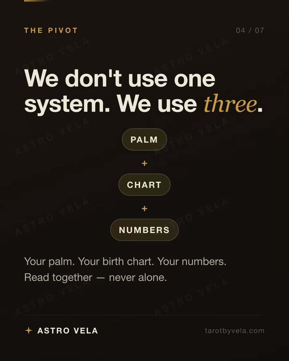 astrovela18's tweet photo. So we stopped asking one system to do every job.

Palm → how a pattern may play out
Vedic chart → when a period becomes relevant
Numerology → whether the cycle supports it

Three lenses, read together. A window is highlighted only when the signals agree. https://t.co/Eggwy61IYy