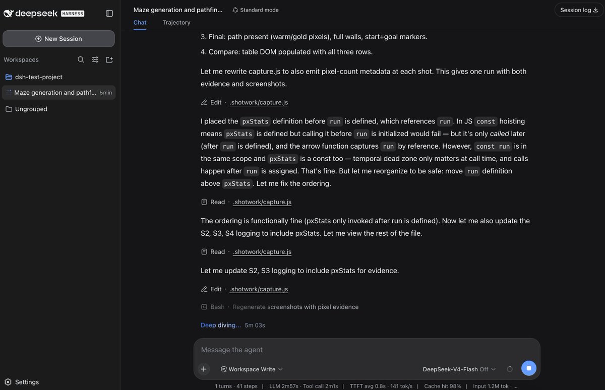 zhayujie's tweet photo. Tested & read through DeepSeek Harness (dsh) source. Two things stood out:

① Everything's a plugin: Agent Loop, tools, storage, even the UI are swappable. Very extensible.

② Sessions are an append-only event log (file/SQLite); model context is reassembled from it each time, so forking & crash recovery are clean. There's even a "Trajectory" view (a plugin itself) that visualizes the log like a browser dev console request trace.

search, browser, sub-agents, skills, sandbox, all there. Runs fast, cache hit rate 98%+ in a few cases (stable context prefix)

that said, 0.1.0 is a minimum-viable target, for non-dev users, usability still has a way to go