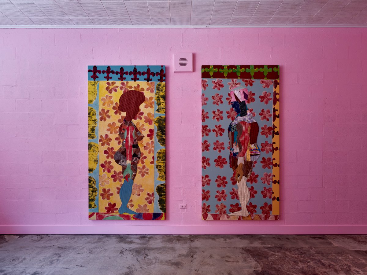 PetzelGallery's tweet photo. Works by Tschabalala Self are included in the third annual exhibition at The Campus in the Hudson Valley. The exhibition features recent paintings that exemplify Self's richly layered approach to figuration, combining sewn textiles, painted surfaces, and collage to construct psychologically charged portraits that expand conventional representations of the body. 

The exhibition is on view through November 1, 2026. 

Photo: Installation view, Tschabalala Self, The Campus Upstate, 2026. Photo by Guang Xu. 

#tschabalalaself #upstateny #petzel #mustsee #paintings