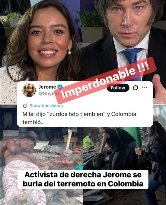 idelfon16905567's tweet photo. LOS COLOMBIANOS MOLESTOS CON UNA LOQUITA QUE SE BURLÓ DE LA TRAGEDIA DEL TERREMOTO, PERO CONTENTÍSIMOS CON LAS IRRESPETUOSAS BURLAS DE PRESIFRETE MATAGATOS QUE EN MEDIO DEL DOLOR DE ESA TRAGEDIA SE DIVERTÍA Y LANZABA BESITOS POR TODAS PARTES COMO LA REINA DEL CAFÉ ¿QUÉ PENDEJOS? https://t.co/DJVh3ncgkp
