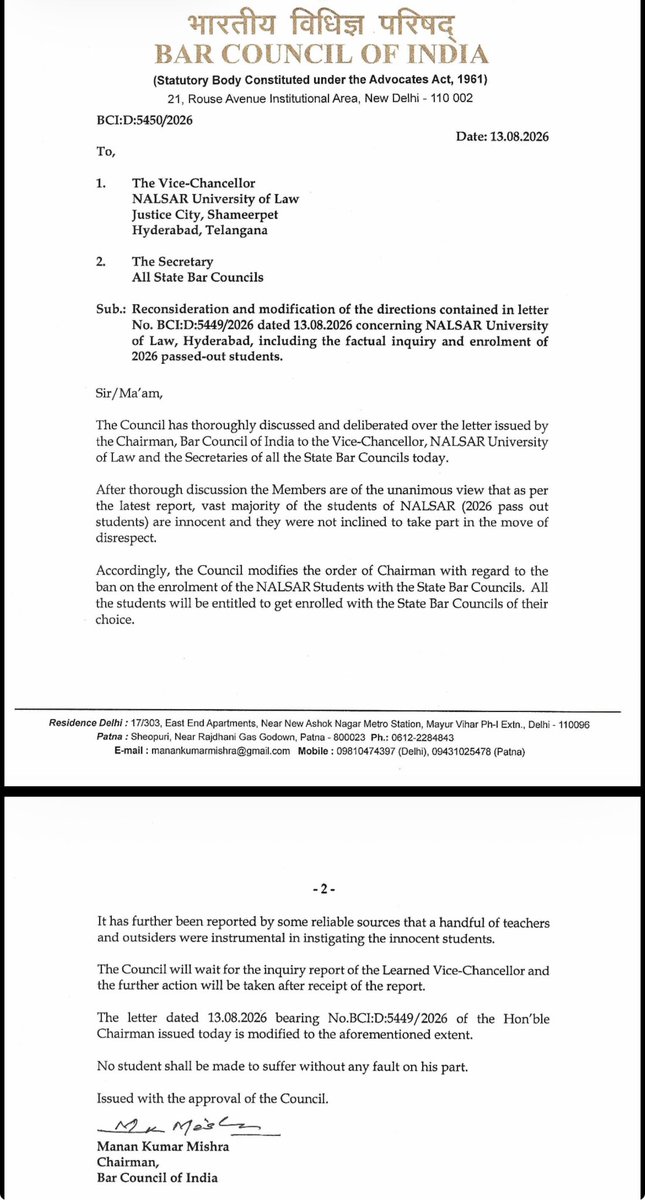 barandbench's tweet photo. BREAKING | BCI modifies circular which barred enrolment of 2026 NALSAR graduates. Says they are entitled to get enrolled in any State Bar Council of their choice. https://t.co/ThIhwiWi7x