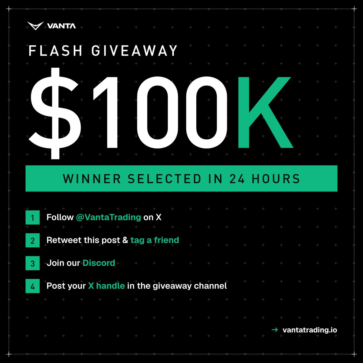 VantaTrading's tweet photo. We already put $500,000 in accounts into traders' hands this month.

Here's another $100,000.

* Follow us, retweet, and tag a friend
* Join our Discord: https://t.co/ihHEGyRYZC
* Comment your X handle in our flash-giveaway channel

One winner. Drawn in 24 hours. https://t.co/rA4qzNALhC