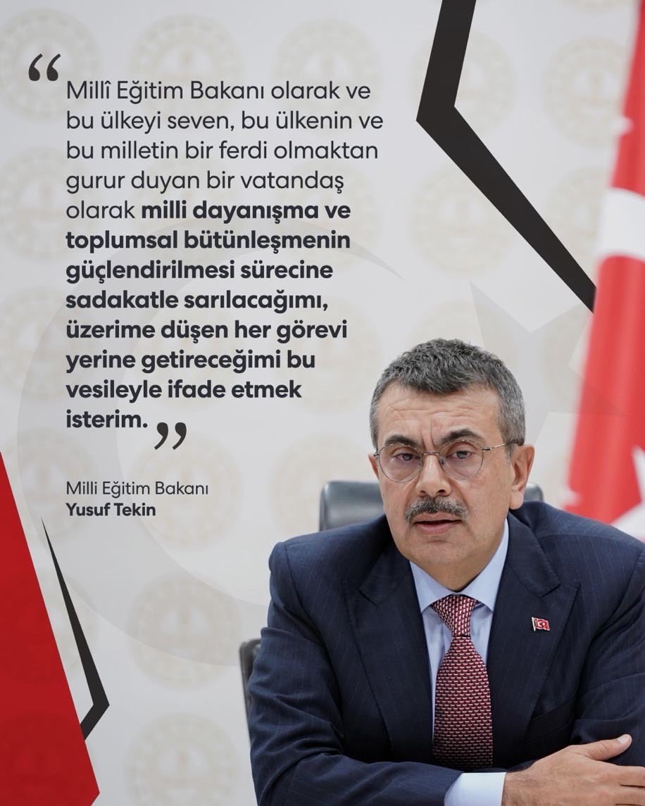 TayfunOzyolcu's tweet photo. Milli Eğitim Bakanı Yusuf Tekin:

“Terörsüz Türkiye süreci; Türkiye’de kardeşliği, milli birliği ve beraberliği tahkim etmeyi hedef olarak ortaya koyan yaklaşımdır.

Bu yolda da, Milli Eğitim Bakanlığı olarak öğretmenlerimizle, öğrencilerimizle ve velilerimizle birlikte yürümeye devam edeceğiz.”
@tcmeb