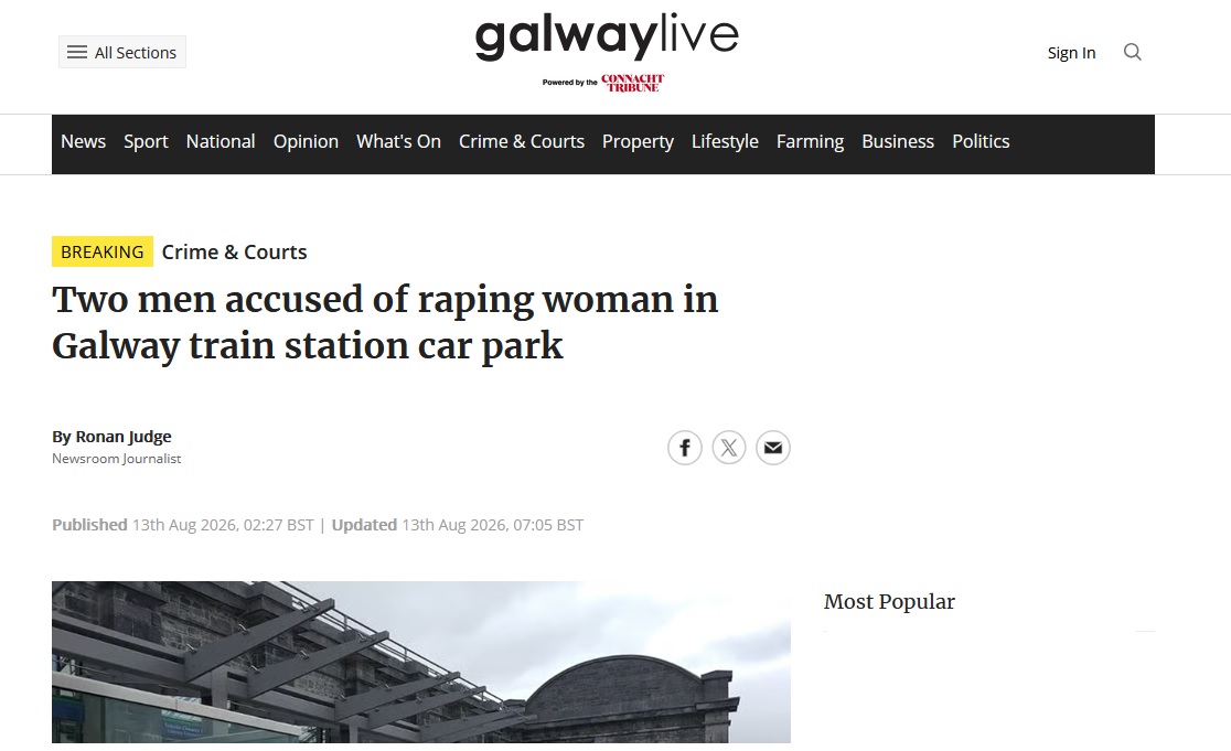 nwl88444048's tweet photo. You’d have thought this court appearance yesterday might have been covered by more than just one local media outlet in Galway...

Two Muslim asylum seekers (who say they are in their mid 20’s, but who knows) charged with false imprisonment and gang-rape of an Irish woman at Eyre Square in Galway city on Saturday 1 August 2026, both remanded in custody at Cloverhill prison to appear at Galway District Court on 25 August.