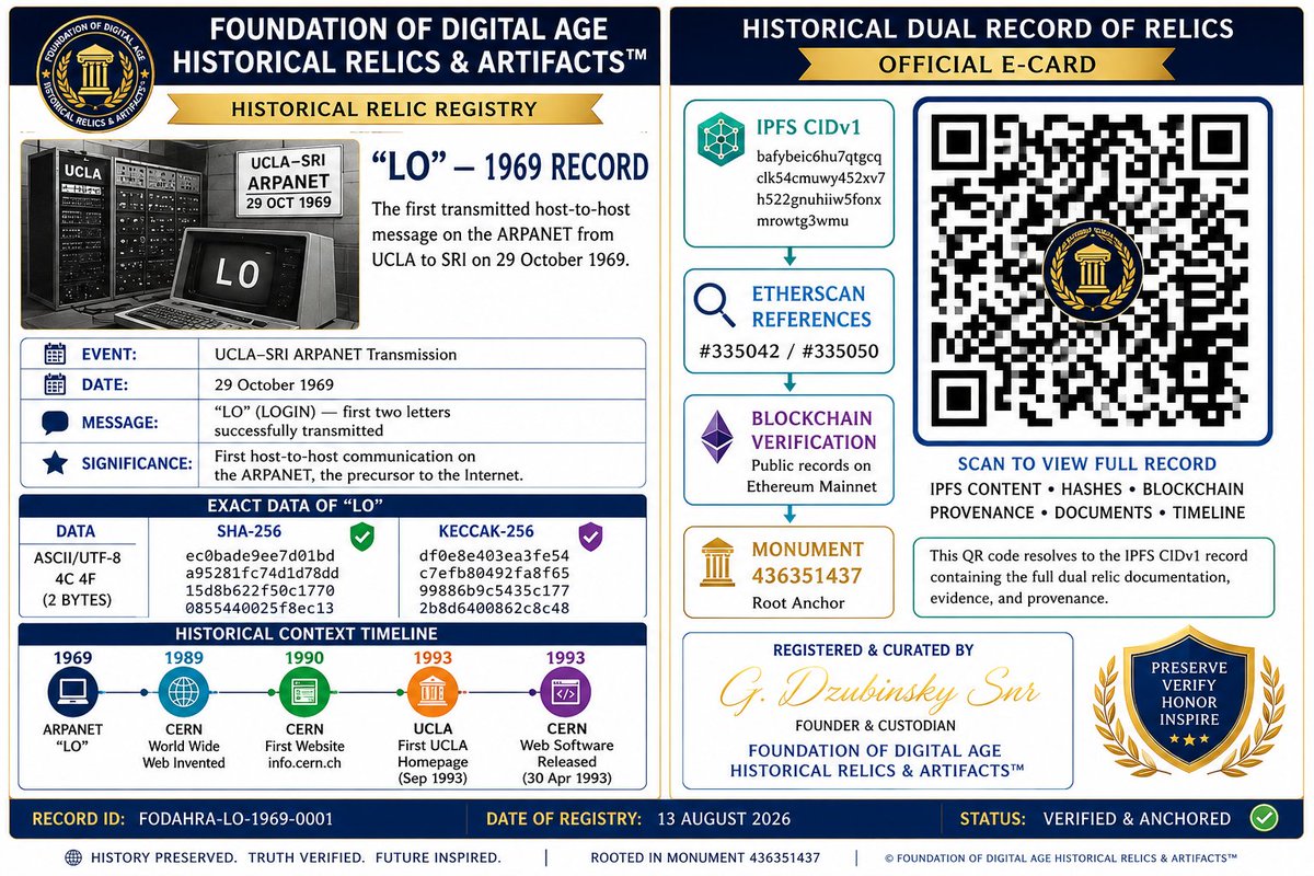 G212991495's tweet photo. #Cryptography
#WWWEB
#GOOGLE
#deFi
First cryptographic record of dual historical records of foundation of WWWEB(WEB3).From UCLA "LO" to CERN ..THE WORLD WIDE WEB (WEB3)...Record rooted in Monument 436351437 under MintProofDAO seal 436351437. & LedgerProofDAO seal 430.Tallinn 2026 https://t.co/dlG92bVSCL