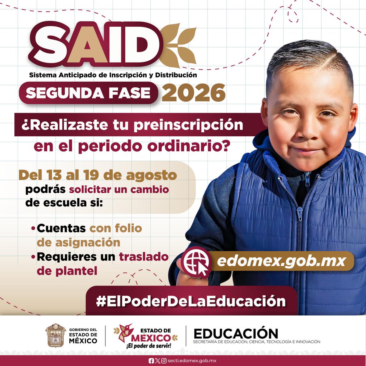 SEB_Edomex's tweet photo. 🚨Importante

🗓Si realizaste tu preinscripción en el periodo ordinario y cuentas con folio de asignación, pero requieres un traslado de plantel, tienes hasta el 19 de agosto podrás realizar la solicitud.🏫

💻Ingresa a:  https://t.co/HLxTpQGlcm

#ElPoderDeLaEducación https://t.co/ZVX47kZ89n
