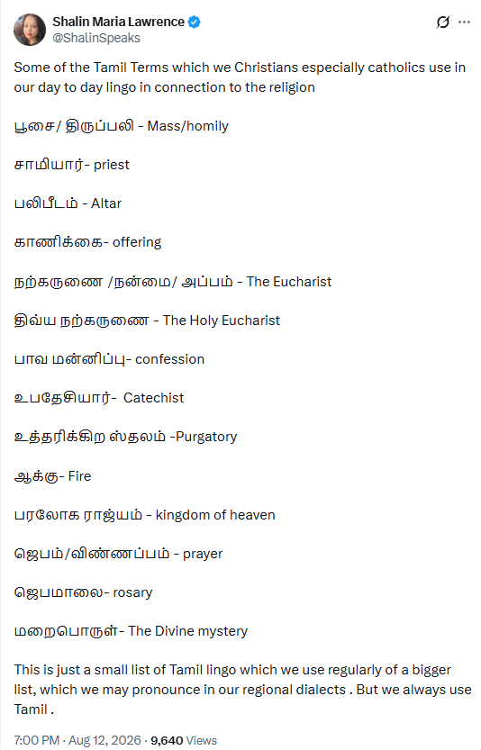 labstamil's tweet photo. Of the 14 "Tamil" words listed here, 12 are from Sanskrit roots - Pooja, Swamy, Peeta, Karunya, Divya, Paapa, Upadesh, Paraloka Rajya, Japa, Japamala.

19th century missi0naries borrowed heavily from highly Sanskritized Tamil Hindu works of those times to be proximate to native speakers. They did not care about the language.

Shockingly, the very word "Karthar" for Jezus is not Tamil. So is the father Paramapitha. To even know what is pure Tamil, you need to know Sanskrit, a living liturgical language. 

Rest assured, as long as Xtians use this "Tamil" for worship, Sanskrit would remain a living liturgical language.