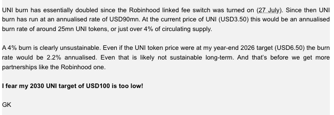 DefiantNews's tweet photo. JUST IN:

STANDARD CHARTERED SAYS ITS OWN $100 UNI TARGET IS TOO LOW

@StanChart analyst says its 2030 $UNI price target of $100 may be too conservative.

@Uniswap's protocol revenue has tripled since July, with Robinhood Chain driving 60% of it, funding $90M annualized UNI burns.

Read more here:
https://t.co/a373cgPYC9