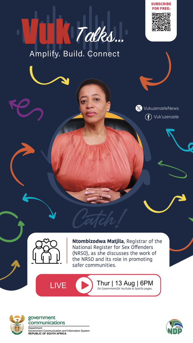 GovernmentZA's tweet photo. ๐๏ธ #VukTalks is LIVE tonight!
What role does the National Register for Sex Offenders play in building safer communities?
Join Ntombizodwa Matjila, Registrar of the NRSO, as she breaks it down in a real conversation that informs, empowers and connects.
๐
Thursday, 13 August 2026
โฐ 18:00
Tune in. Stay informed.
#VukTalks #SaferCommunities #GovZAUpdates