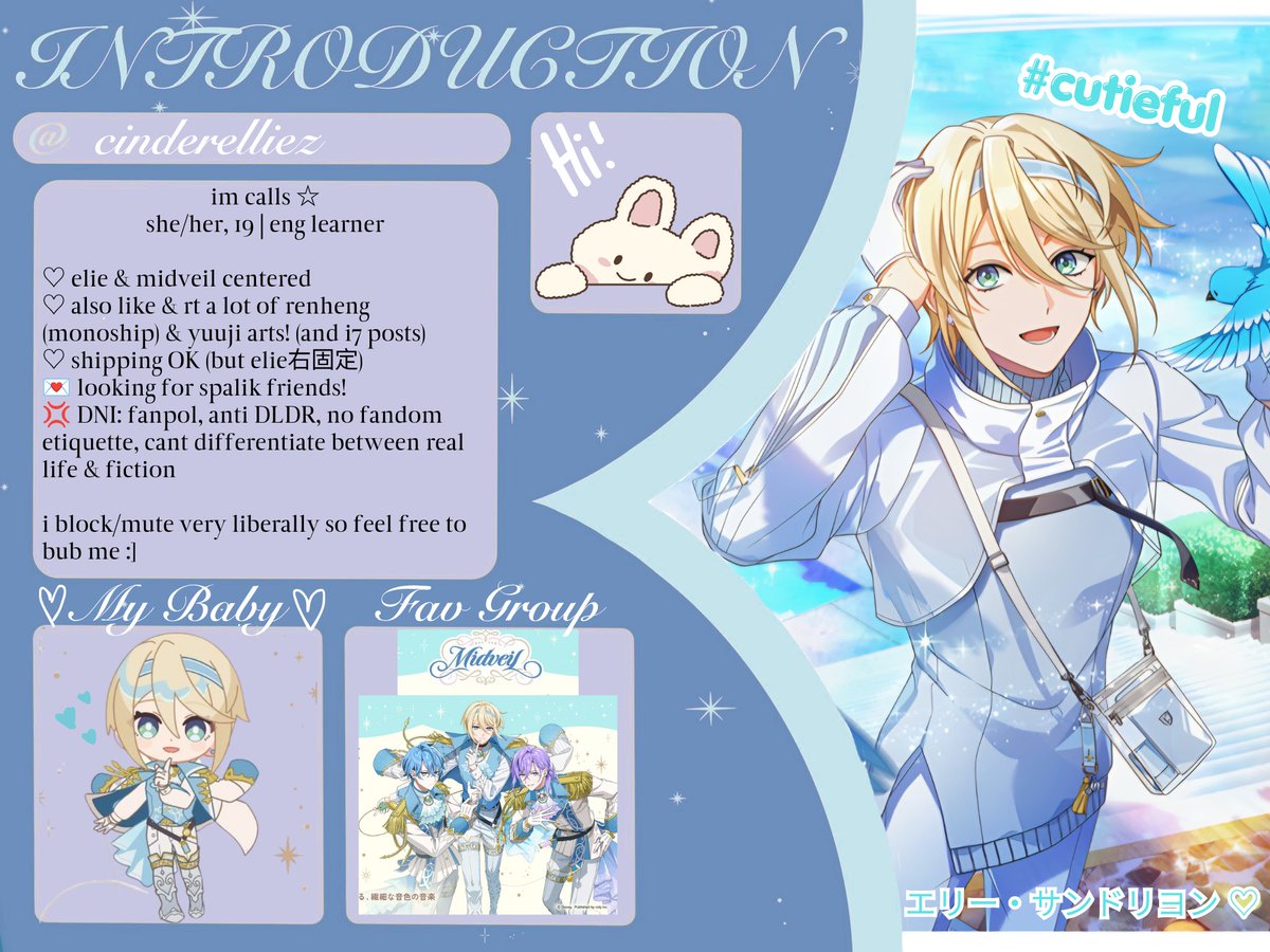 cinderelliez's tweet photo. finally dropping my intro hihi 😼
elie is so adorable i cant wait to see more of him & midveil!!
(huge thanks @hughgardnerr for this super duper cute template 🫶)
#spaliktwt #spalikintro #sparklinktwt https://t.co/qT7OKwqyuz