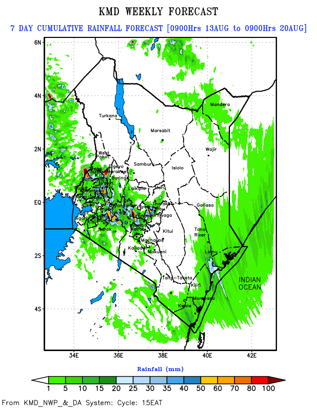 MeteoKenya's tweet photo. Rainfall Forecast for 13th to 20th August 2026
 
🌤️Most parts of the country are expected to be generally dry. 
 
 🌦️Some counties including Bungoma, Trans Nzoia, Nakuru, Uasin Gishu, Elgeyo/Marakwet, Kericho, Nyandarua and Nyeri may receive rainfall.
 
☁️Intermittent cool and cloudy conditions are expected in some parts of Embu, Kiambu, Kirinyaga, Laikipia, Meru, Murang'a, Nairobi,Nyandarua, Nyeri, Tharaka-Nithi, Nakuru,Machakos, Kajiado, Taita/Taveta, Marsabit and Wajir counties.