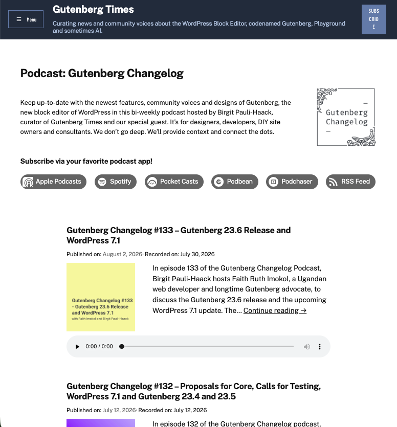 bph's tweet photo. The biggest holdup was that the podcast data created via the Seriously simple podcasting tool  wasn't ready for block templates. So I wrote a plugin to handle the block binding and the templates https://t.co/mRvw8ewkbh https://t.co/gOSRWy3Men