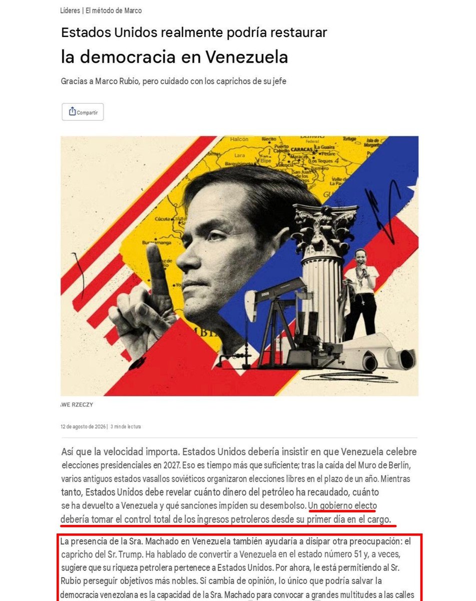 HeverCastroB's tweet photo. Ayer todos estuvieron hablando del artículo publicado por El Economist sobre la situación política de Venezuela, lo acabo de leer y, sí, es interesante, le dejo lo más importante del mismo, la razón principal por la cual Trump aún no permite una transición, lean: 👇

"un gobierno electo debería tomar el control total de los ingresos petróleros desde su primer día en el cargo".

Luego dice en otro párrafo lo siguiente: 👇

"El capricho del señor Trump: Ha hablado de convertir a Venezuela en el estado 51 y, a veces, sugiere que su riqueza petrolera pertenece a Estados Unidos. Por ahora le está permitiendo al Sr. Rubio perseguir objetivos más nobles. Si cambia de opinión lo único que podría salvar la democracia Venezolana es la capacidad de la señora Machado para convocar grandes multitudes a las calles".

El artículo lo deja claro: "por ahora le está permitiendo al Sr. Rubio perseguir objetivos más nobles".

Es decir, según El Economist, Trump deja que Rubio haga cosas, pero que no terminen en una transición (por ahora), esto porque después que pasen las elecciones de medio término, Trump evaluará si lleva seriamente hacia adelante el tema de convertir a Venezuela en el estado 51, o por el contrario le permite a Rubio que termine de ejecutar una transición en el 2027 o 2028, pero si esto no es así, y Trump decide seguir quemando tiempo solo para seguir teniendo el control sobre el dinero y petróleo de Venezuela, el último recurso que quedaría para que los Venezolanos transiten hacia una democracia real, sería lanzarse a las calles liderados por MCM.

Más claro no canta un 🐓. Esta es la realidad política de Venezuela, y comparto completamente lo que dice El Economist.

Le dejo el extracto en ambos idiomas.