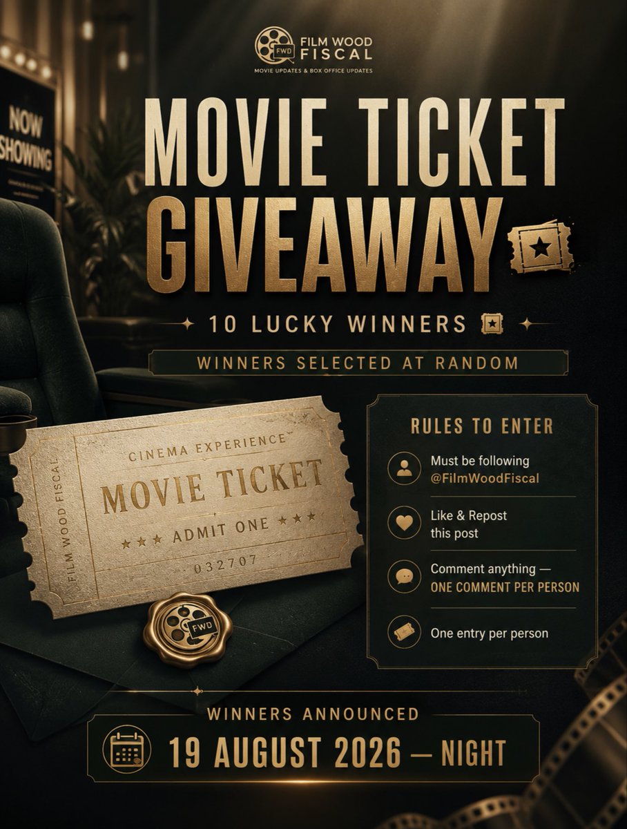 FilmWoodFiscal's tweet photo. MEGA ONAM SPECIAL GIVEAWAY! 🎫🎉

Win movie tickets! 🎬🔥

10 lucky winners will be selected at random.

⚠️ Must read and follow all the rules properly to participate ⚠️

Please note: One entry per person. Multiple entries/accounts are not eligible.

🏆 Winners will be announced on 19th August 2026 (Night)

All the best, guys! ❤️

#BethlehemKudumbaUnit #Khalifa