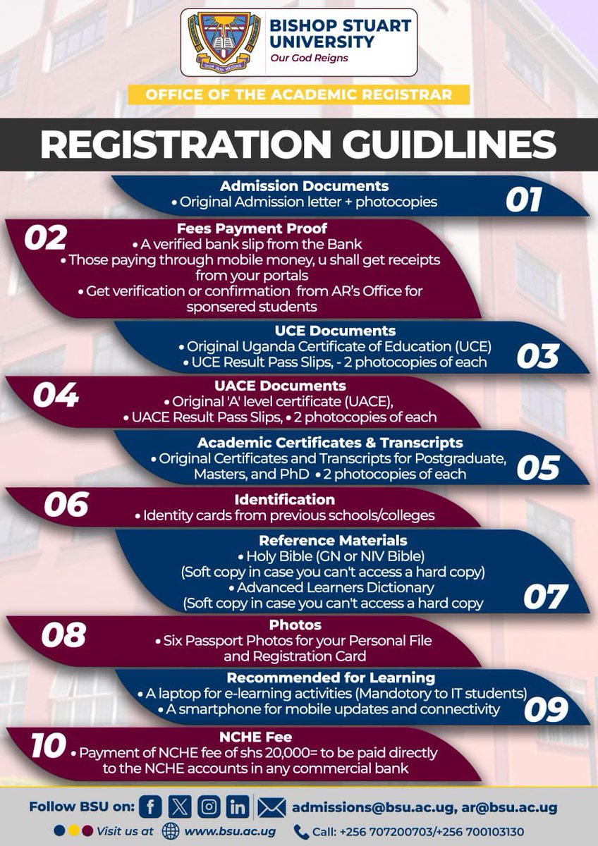RoseBatunga91's tweet photo. @BishopStuartUni Registration Guidelines
New &amp; continuing students,  10 requirements from the Office of the Academic Registrar.
Have your documents, fees proof, passport photos &amp; NCHE fee ready.
Details below 👇
https://t.co/hAhbdIVpU9 | admissions@bsu.ac.ug | 0707200703 https://t.co/a7URXSpY5J
