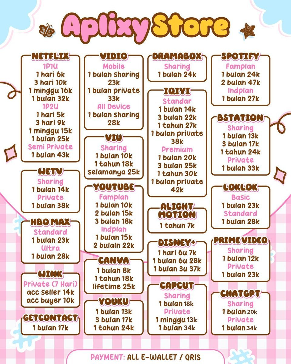 Myarielr's tweet photo. hayy wts wtb langganan akun sewa premium disini yaa ada harian dan bulanan

netflix canva youtube capcut hbo max bstation prime video iqiyi disney viu wetv vidio dramabox youku loklok spotify meitu wink picsart

🌸 https://t.co/k7AlfU1tGi

#zonauang pomaa https://t.co/qio7yjjvpw