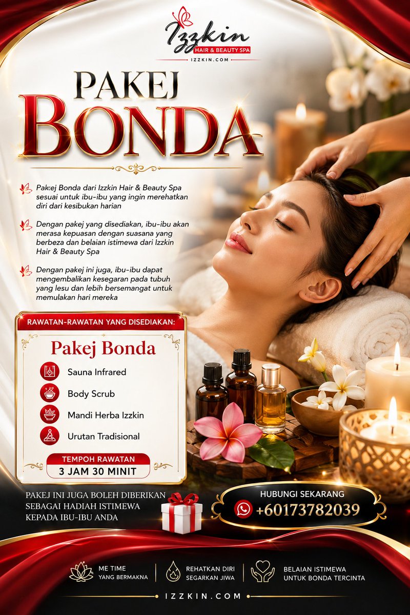 Izzkin's tweet photo. Pakej Bonda

Pakej Bonda dari Izzkin Hair &amp; Beauty Spa sesuai untuk ibu-ibu yang ingin merehatkan diri dari kesibukan harian.

Dengan pakej ini juga, ibu-ibu dapat mengembalikan kesegaran pada tubuh yang lesu dan lebih bersemangat untuk memulakan hari mereka. https://t.co/yFX9eg4gPd