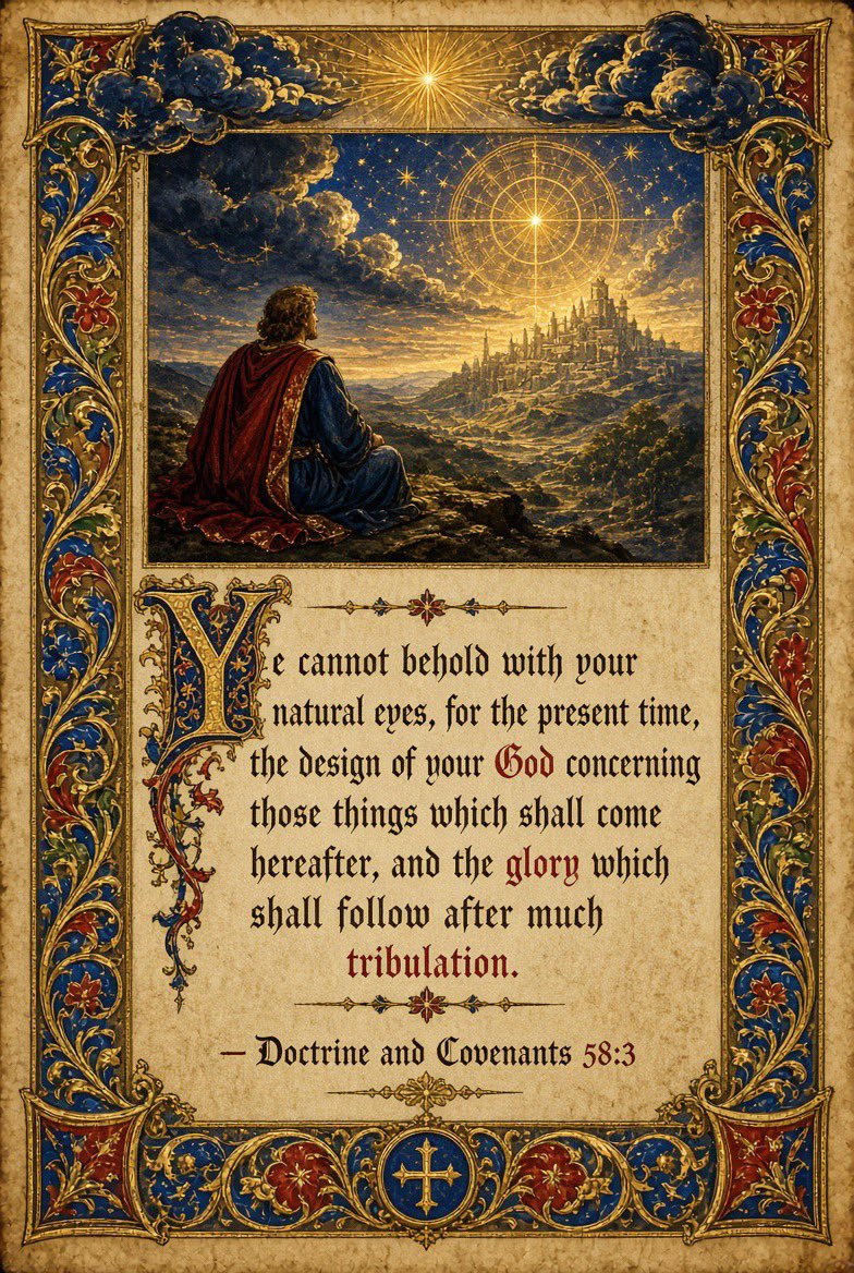 TruthKnockOpend's tweet photo. Doctrine and Covenants 58:3
Ye cannot behold with your natural eyes, for the present time, the design of your God concerning those things which shall come hereafter, and the glory which shall follow after much tribulation. https://t.co/IXr3hECTpu
