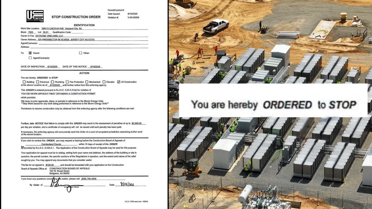 hntrbrkmedia's tweet photo. NEW: Vineland City officials issued a STOP CONSTRUCTION ORDER on Aug 10 at the Nebius/DataOne data center in Vineland, NJ, citing installation of Bloom Energy fuel cells with "no prior approvals, plans, or permits."

$NBIS $BE https://t.co/jTzlQa6442