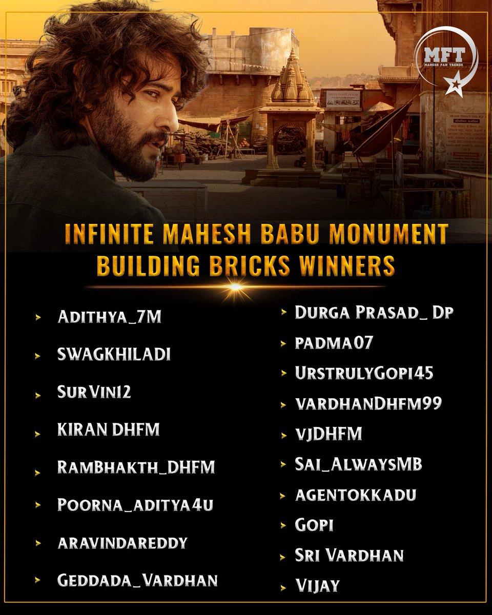 MaheshFanTrends's tweet photo. Congratulations to all the winners of our “BOB the Runner” and “Infinite Mahesh Babu Monument” contests 👏

Thanks to each and every one of you who participated enthusiastically, Your support has given more energy to do many more such activities ��

Note: Official communication with the winners will be done through their registered email addresses.

#MonumentForSSMB @urstrulyMahesh